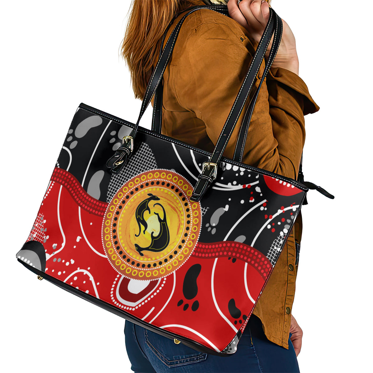 Aboriginal Flag Style Dot Art And Abstract Kangaroo Leather Tote Bag - Wonder Print Shop
