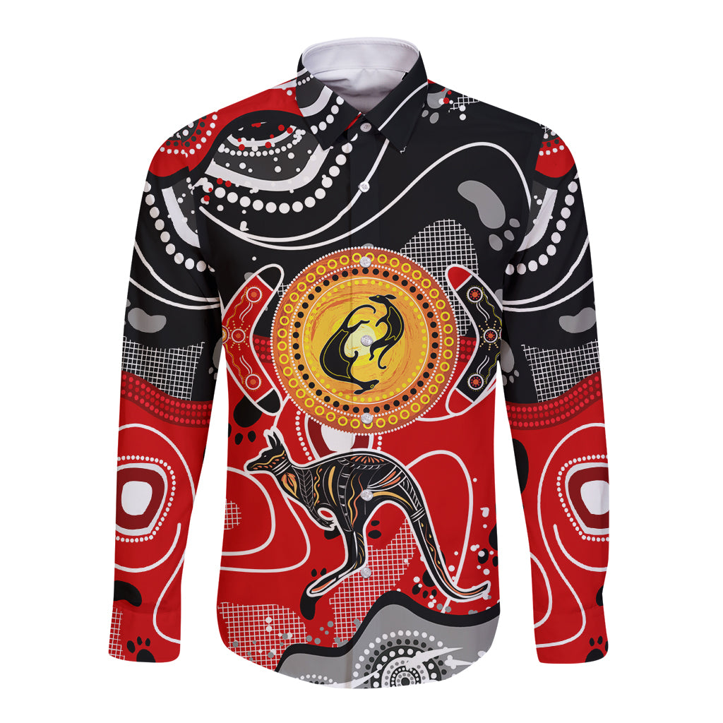 Aboriginal Flag Style Dot Art And Abstract Kangaroo Long Sleeve Button Shirt - Wonder Print Shop