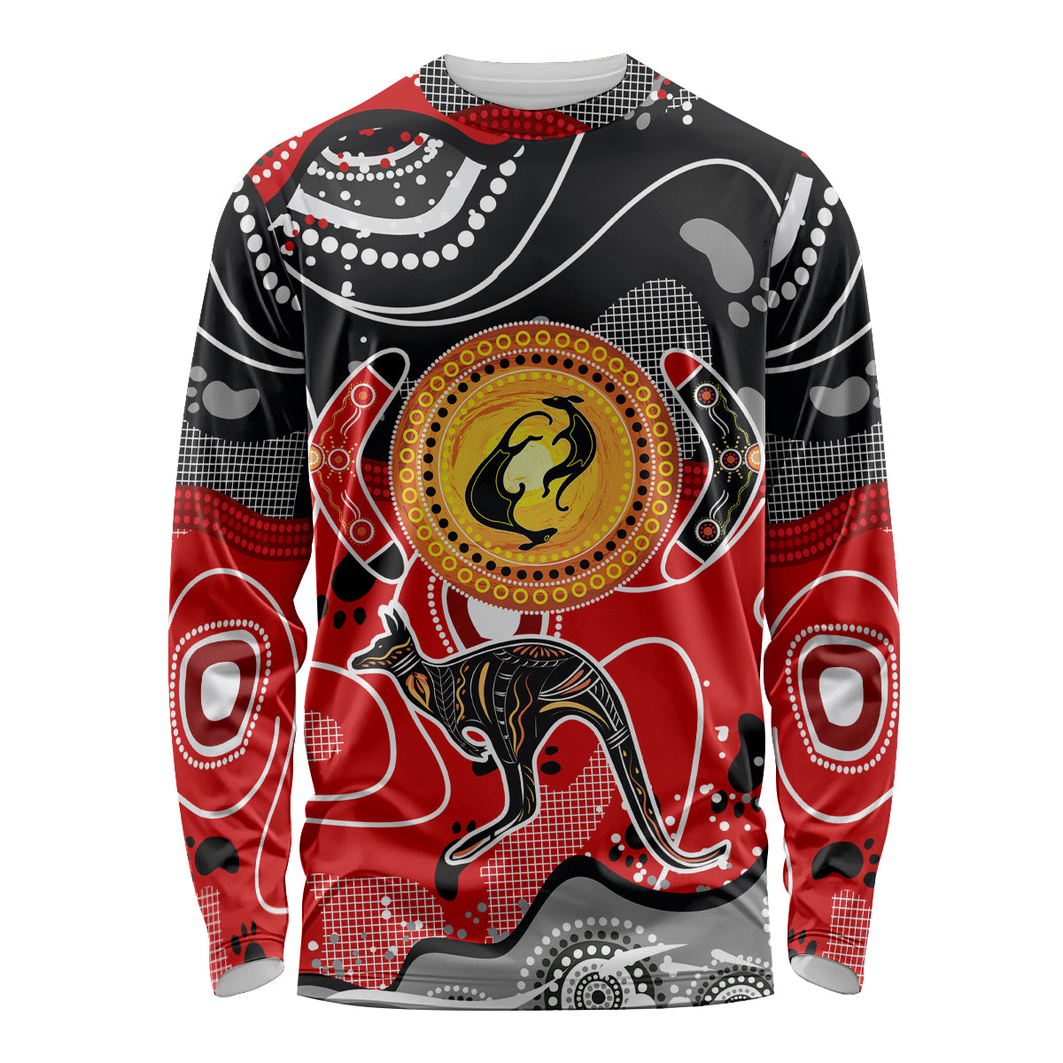 Aboriginal Flag Style Dot Art And Abstract Kangaroo Long Sleeve Shirt - Wonder Print Shop