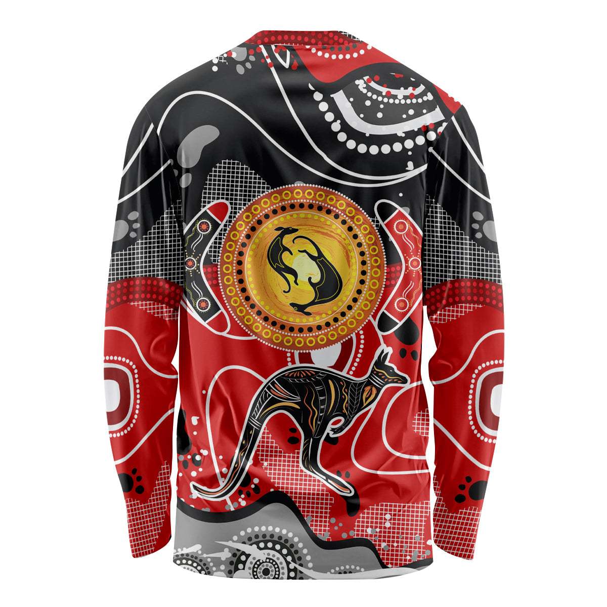 Aboriginal Flag Style Dot Art And Abstract Kangaroo Long Sleeve Shirt - Wonder Print Shop