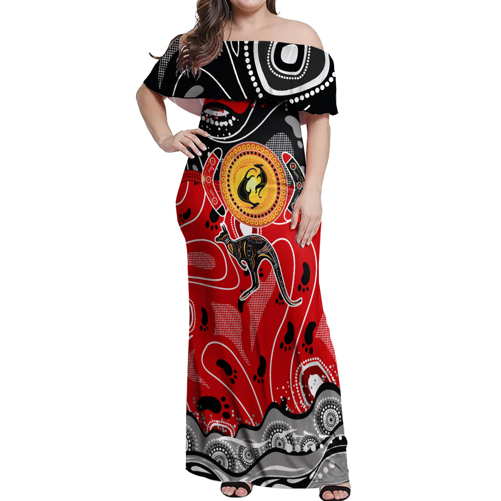 Aboriginal Flag Style Dot Art And Abstract Kangaroo Off Shoulder Maxi Dress - Wonder Print Shop