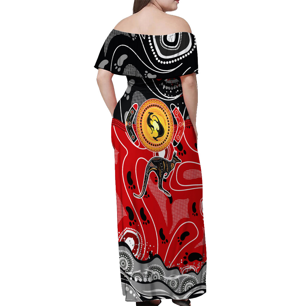 Aboriginal Flag Style Dot Art And Abstract Kangaroo Off Shoulder Maxi Dress - Wonder Print Shop