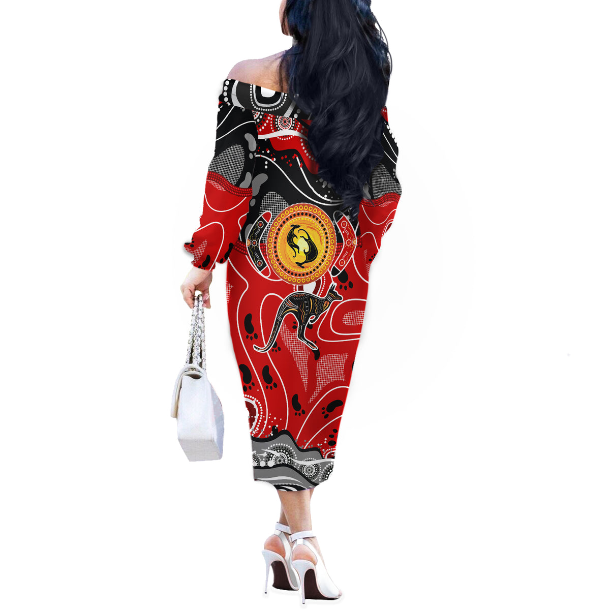 Aboriginal Flag Style Dot Art And Abstract Kangaroo Off The Shoulder Long Sleeve Dress - Wonder Print Shop
