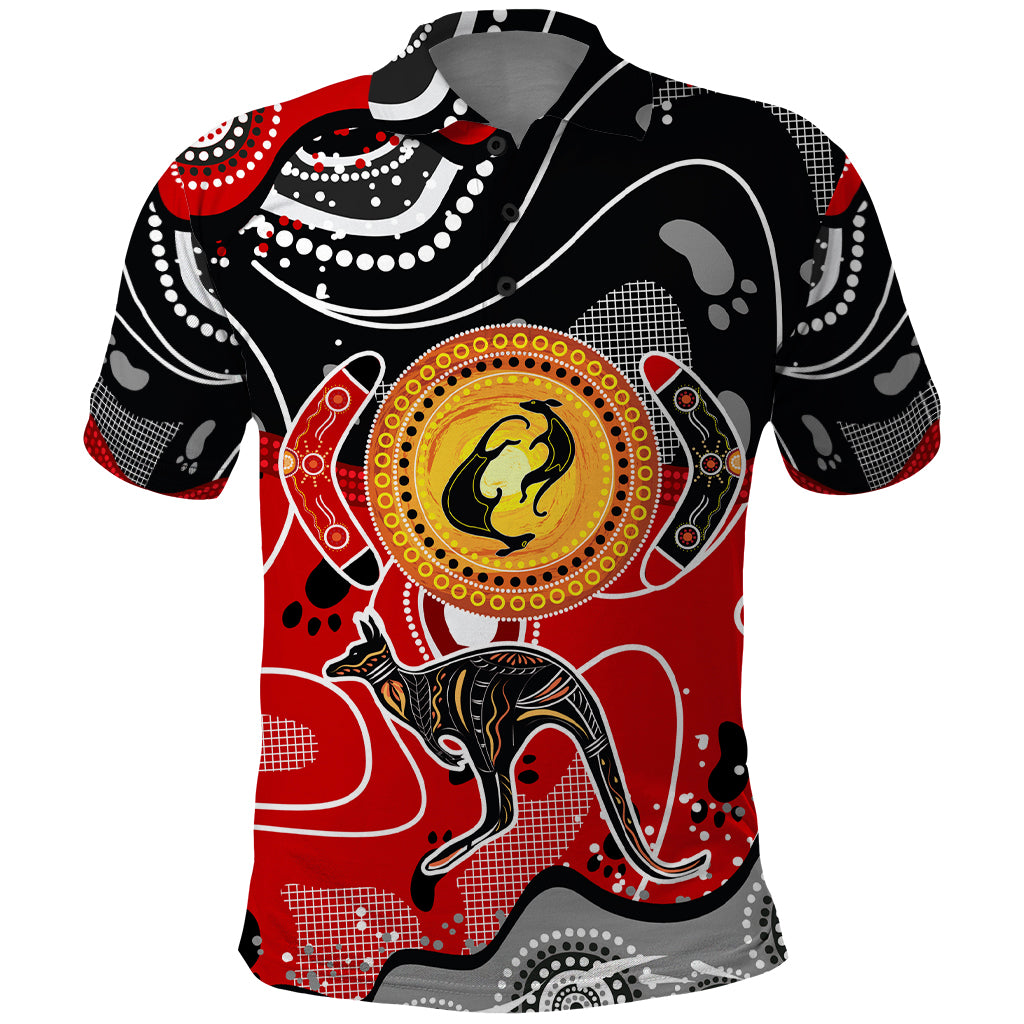 Aboriginal Flag Style Dot Art And Abstract Kangaroo Polo Shirt - Wonder Print Shop