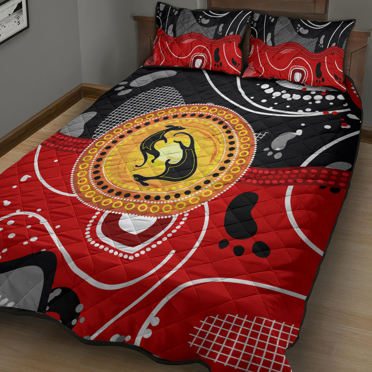 Aboriginal Flag Style Dot Art And Abstract Kangaroo Quilt Bed Set - Wonder Print Shop