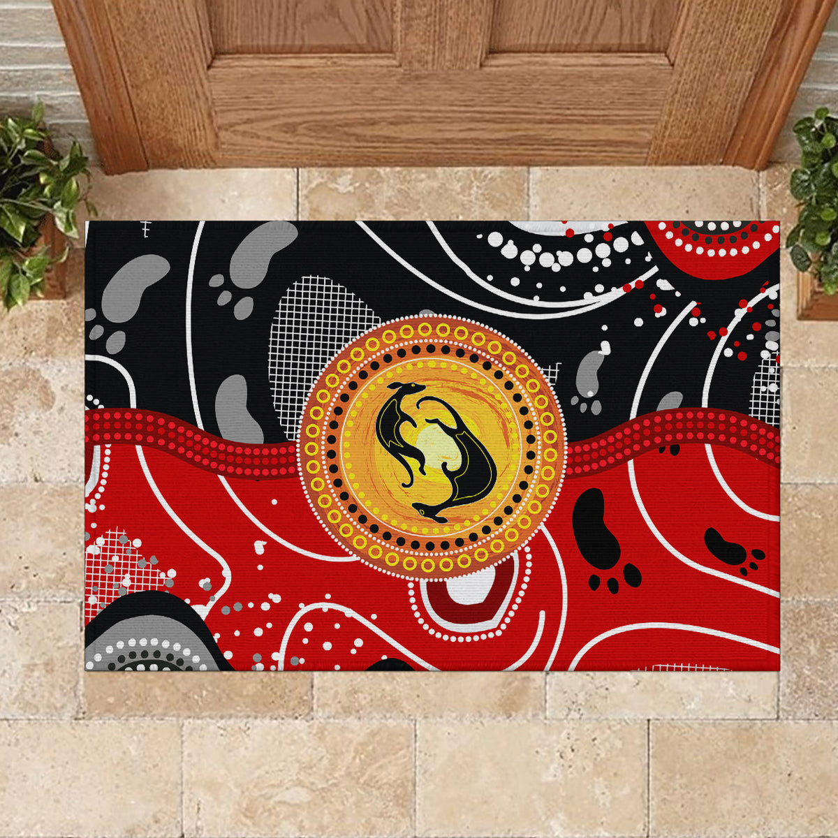 Aboriginal Flag Style Dot Art And Abstract Kangaroo Rubber Doormat - Wonder Print Shop