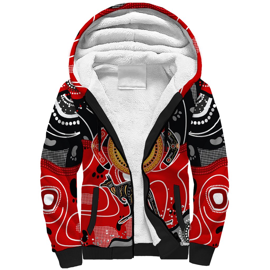 Aboriginal Flag Style Dot Art And Abstract Kangaroo Sherpa Hoodie - Wonder Print Shop