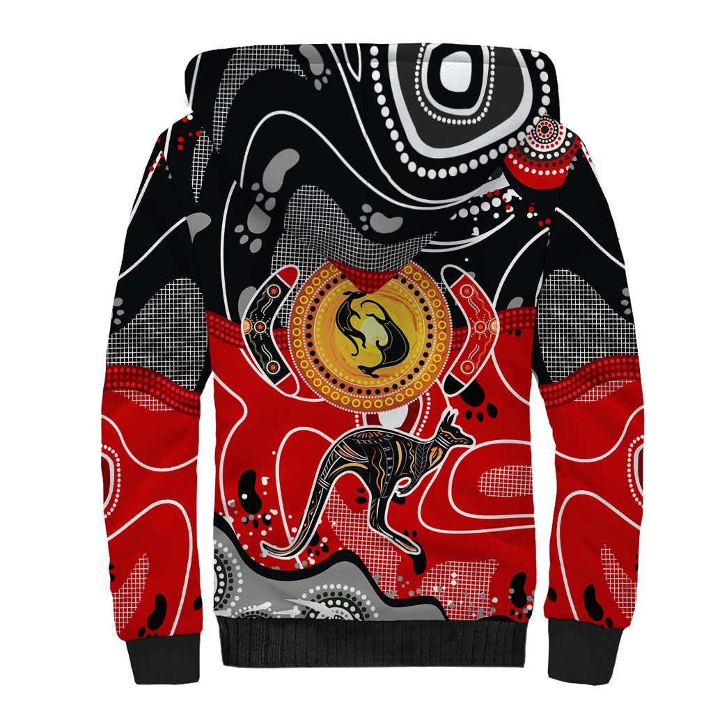 Aboriginal Flag Style Dot Art And Abstract Kangaroo Sherpa Hoodie - Wonder Print Shop