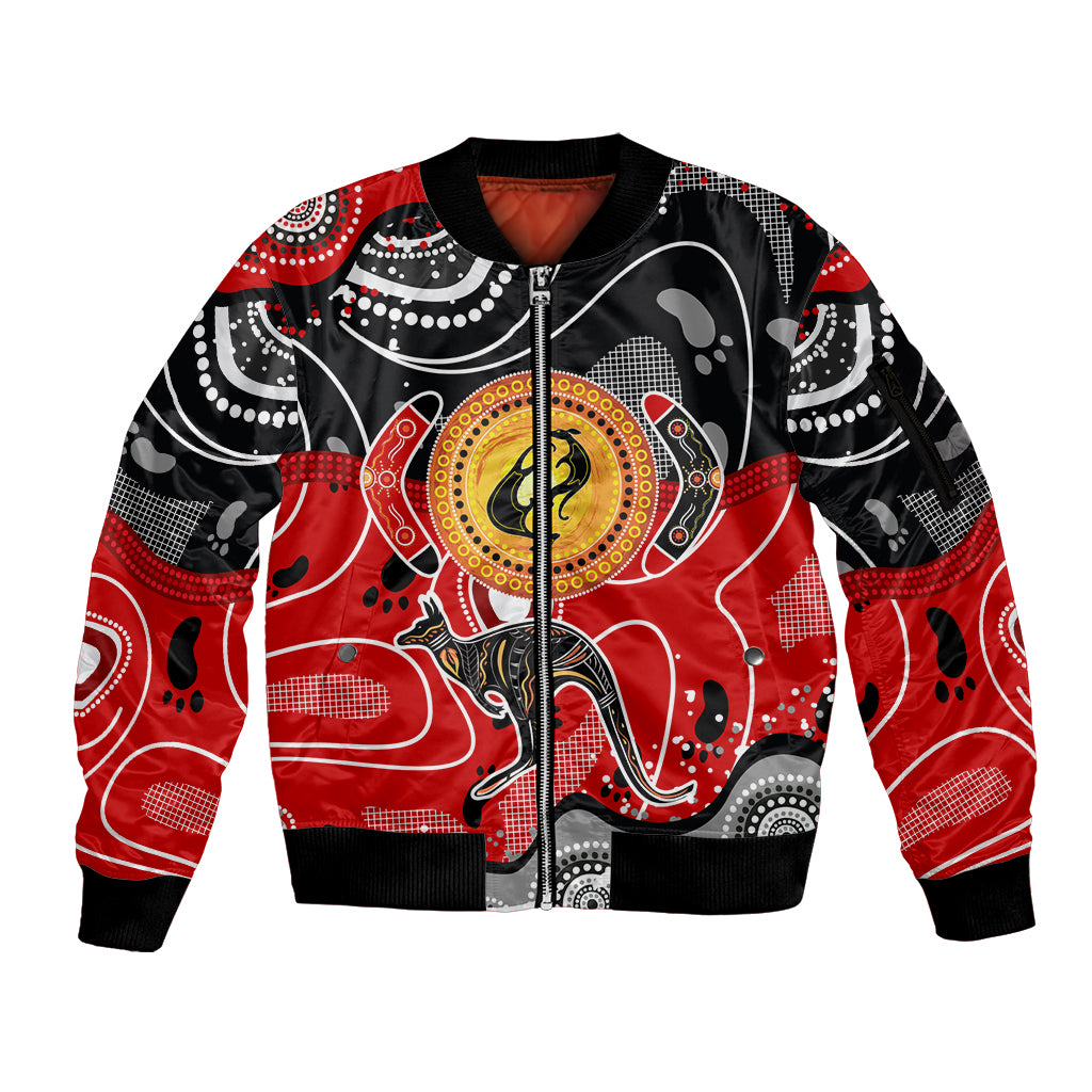 Aboriginal Flag Style Dot Art And Abstract Kangaroo Sleeve Zip Bomber Jacket - Wonder Print Shop
