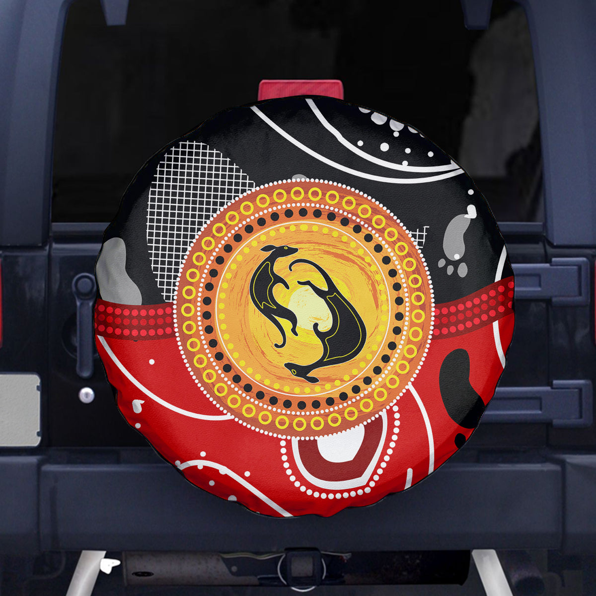 Aboriginal Flag Style Dot Art And Abstract Kangaroo Spare Tire Cover - Wonder Print Shop