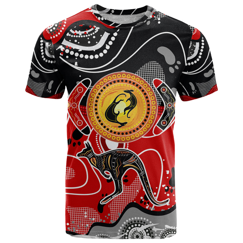 Aboriginal Flag Style Dot Art And Abstract Kangaroo T Shirt - Wonder Print Shop