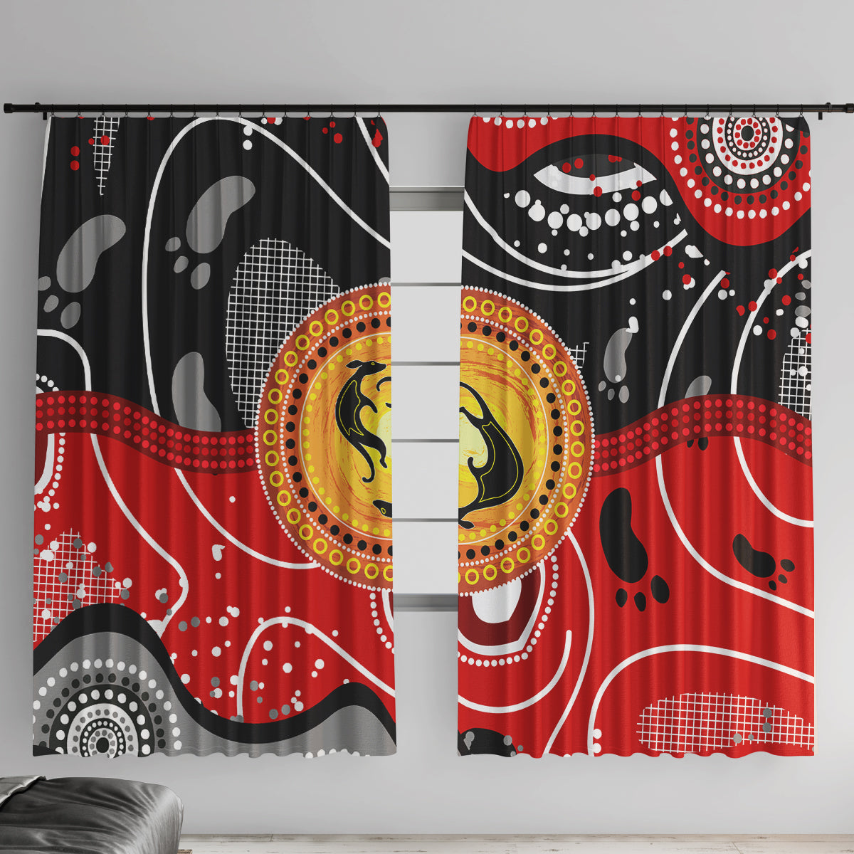 Aboriginal Flag Style Dot Art And Abstract Kangaroo Window Curtain - Wonder Print Shop