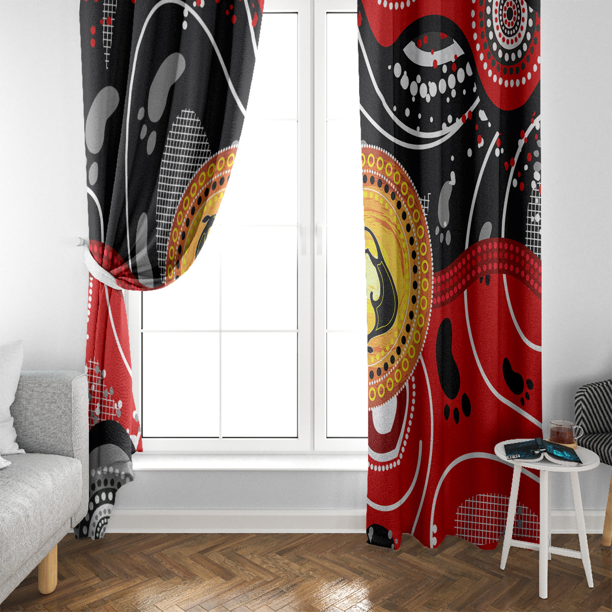 Aboriginal Flag Style Dot Art And Abstract Kangaroo Window Curtain - Wonder Print Shop
