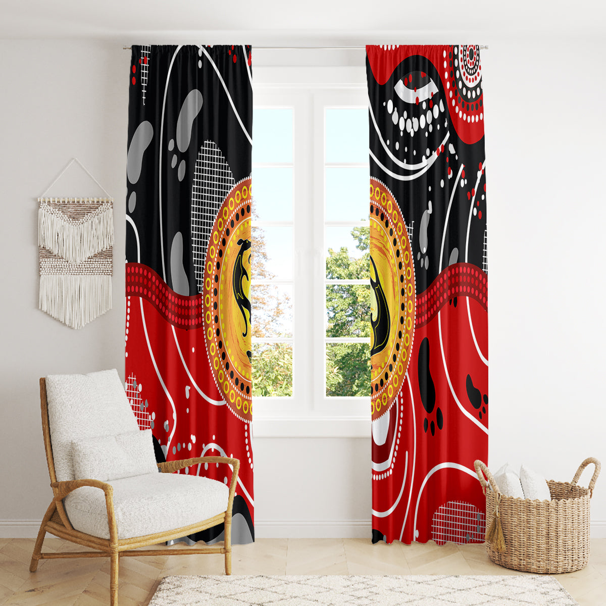 Aboriginal Flag Style Dot Art And Abstract Kangaroo Window Curtain - Wonder Print Shop