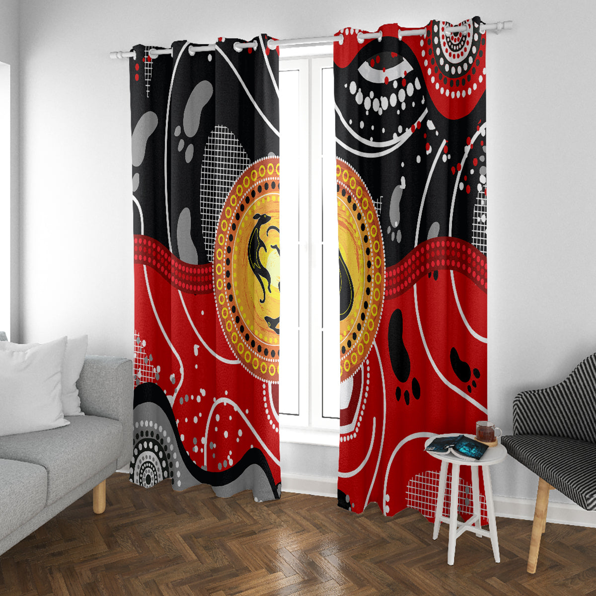 Aboriginal Flag Style Dot Art And Abstract Kangaroo Window Curtain - Wonder Print Shop