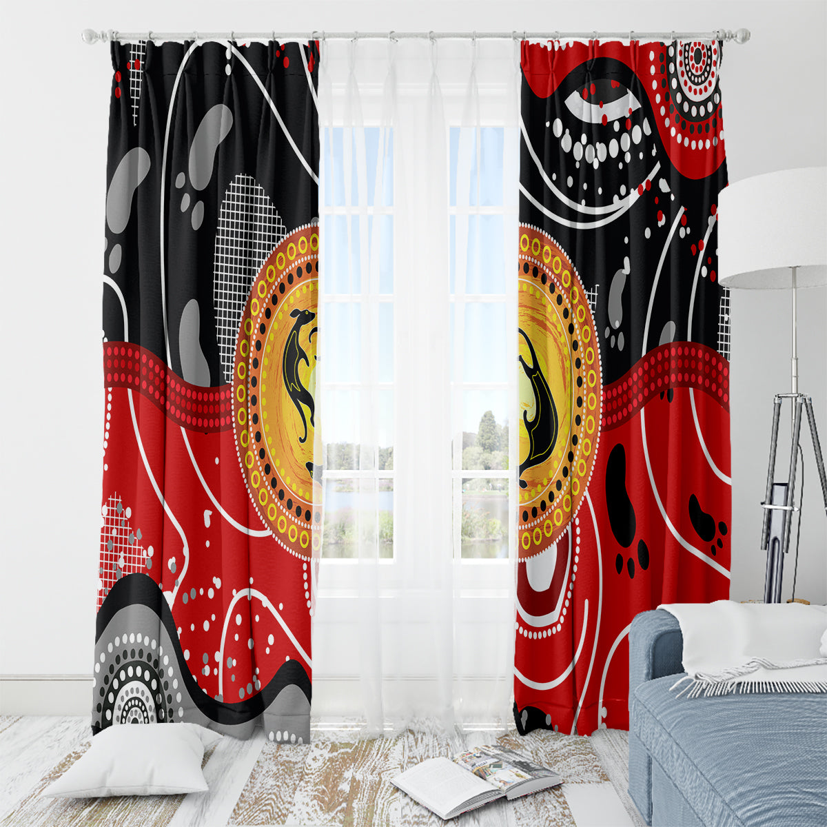 Aboriginal Flag Style Dot Art And Abstract Kangaroo Window Curtain - Wonder Print Shop