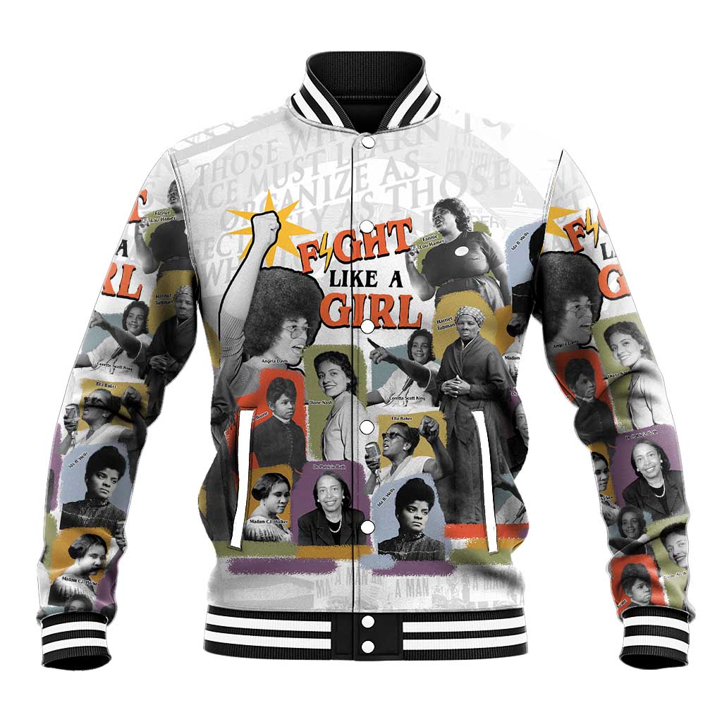 Black History Fight Like A Girl Baseball Jacket African Feminist Icons and Bold Retro Art Style - Wonder Print Shop