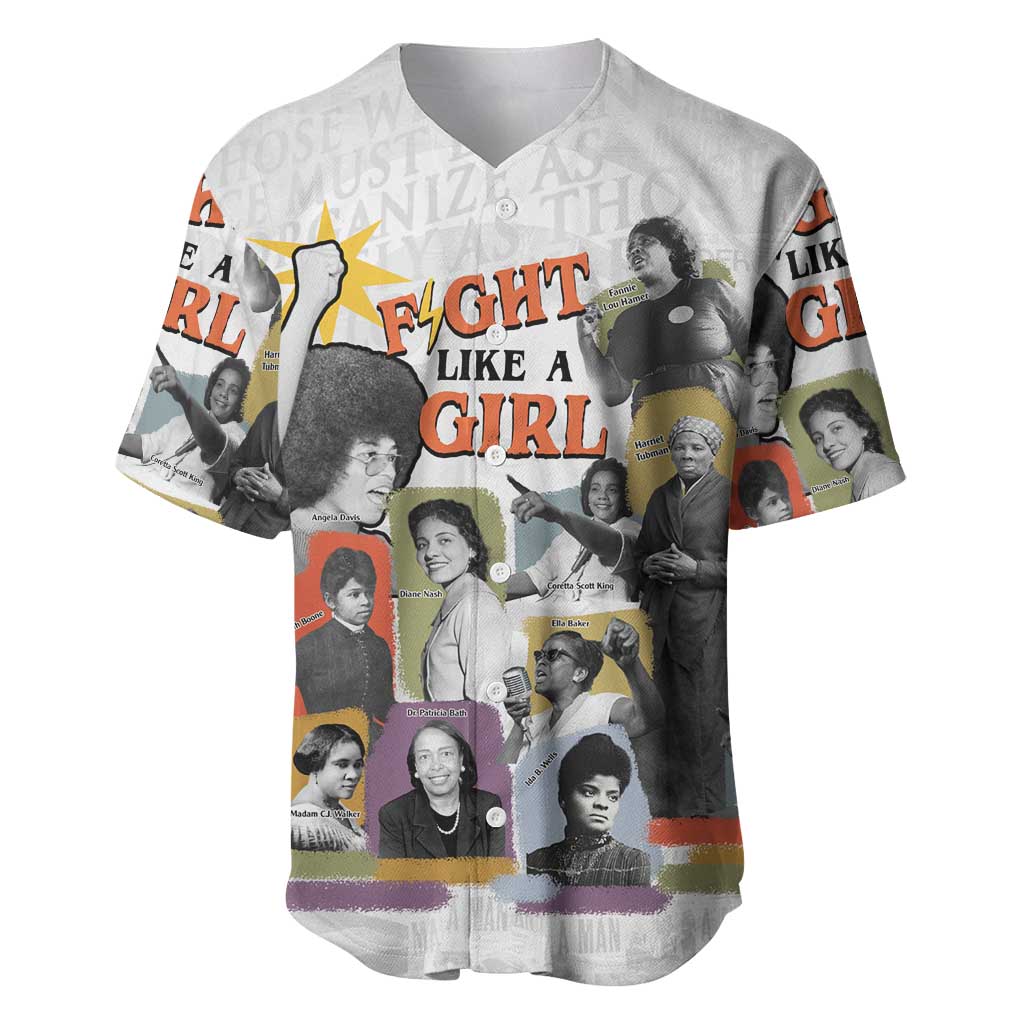 Black History Fight Like A Girl Baseball Jersey African Feminist Icons and Bold Retro Art Style - Wonder Print Shop