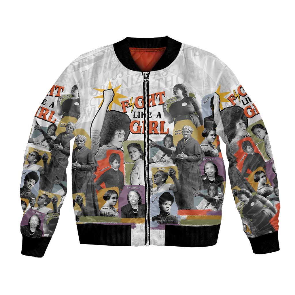 Black History Fight Like A Girl Bomber Jacket African Feminist Icons and Bold Retro Art Style - Wonder Print Shop