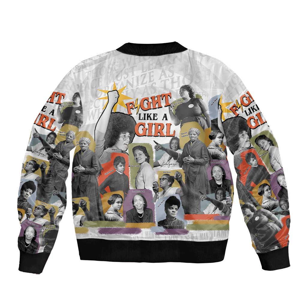 Black History Fight Like A Girl Bomber Jacket African Feminist Icons and Bold Retro Art Style - Wonder Print Shop