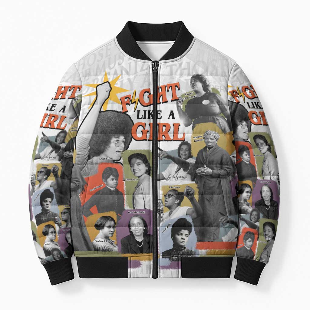 Black History Fight Like A Girl Bomber Puffer Jacket African Feminist Icons and Bold Retro Art Style - Wonder Print Shop