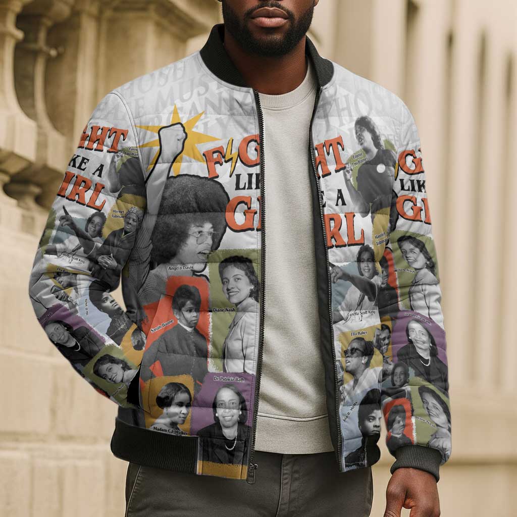 Black History Fight Like A Girl Bomber Puffer Jacket African Feminist Icons and Bold Retro Art Style - Wonder Print Shop