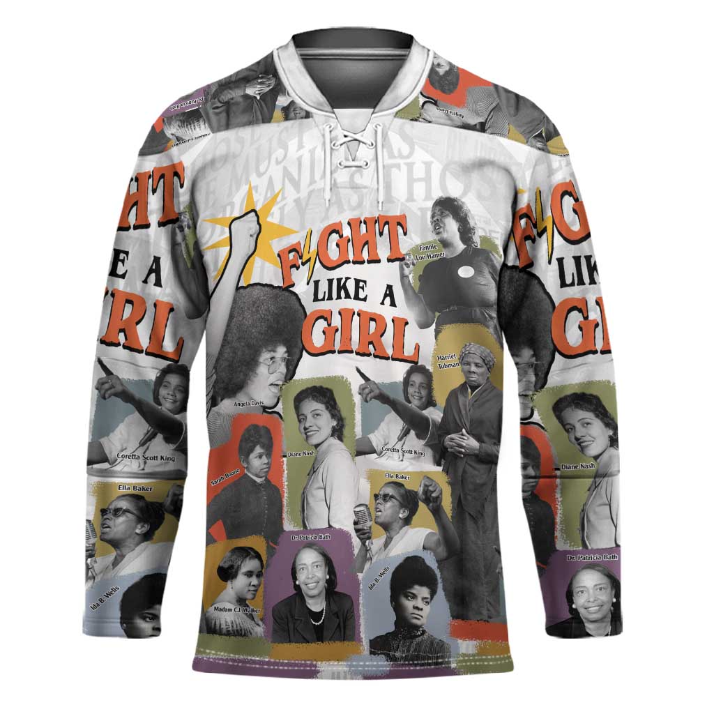Black History Fight Like A Girl Hockey Jersey African Feminist Icons and Bold Retro Art Style - Wonder Print Shop
