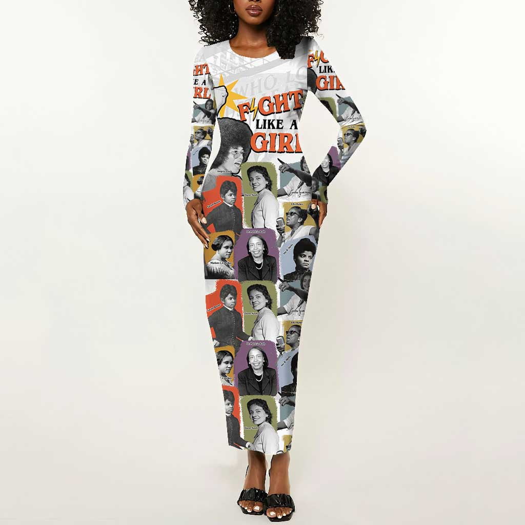 Black History Fight Like A Girl Long Sleeve Bodycon Dress African Feminist Icons and Bold Retro Art Style - Wonder Print Shop