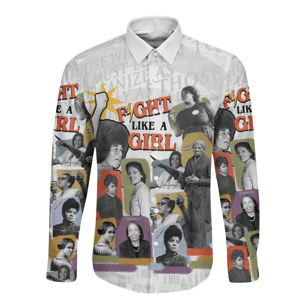 Black History Fight Like A Girl Long Sleeve Button Shirt African Feminist Icons and Bold Retro Art Style - Wonder Print Shop