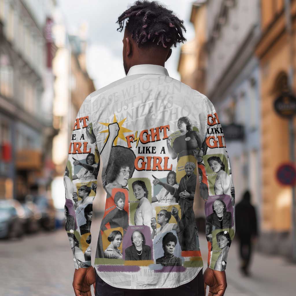 Black History Fight Like A Girl Long Sleeve Button Shirt African Feminist Icons and Bold Retro Art Style - Wonder Print Shop