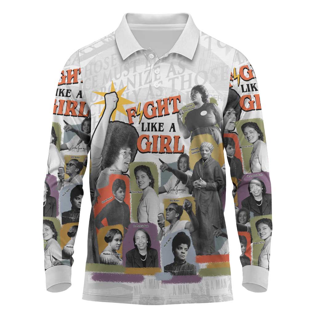 Black History Fight Like A Girl Long Sleeve Polo Shirt African Feminist Icons and Bold Retro Art Style - Wonder Print Shop