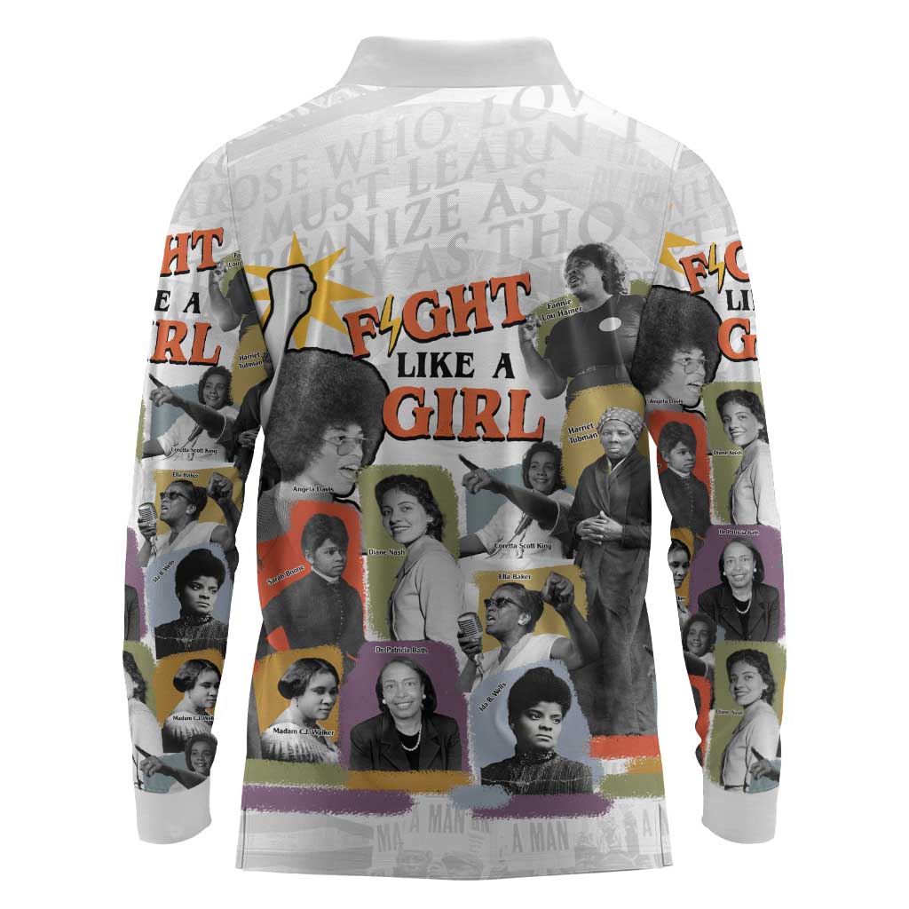 Black History Fight Like A Girl Long Sleeve Polo Shirt African Feminist Icons and Bold Retro Art Style - Wonder Print Shop