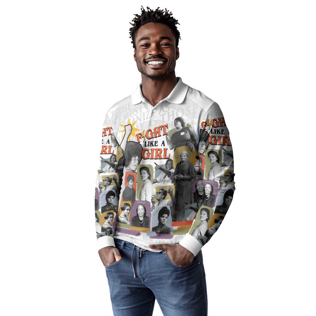 Black History Fight Like A Girl Long Sleeve Polo Shirt African Feminist Icons and Bold Retro Art Style - Wonder Print Shop