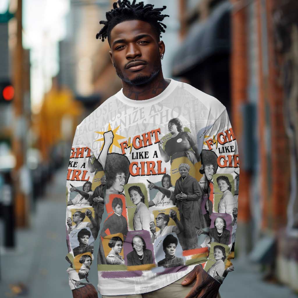 Black History Fight Like A Girl Long Sleeve Shirt African Feminist Icons and Bold Retro Art Style - Wonder Print Shop