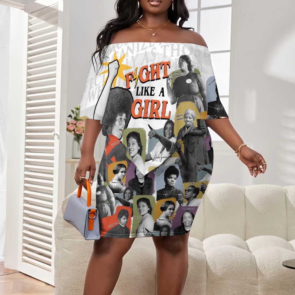 Black History Fight Like A Girl Off Shoulder Short Dress African Feminist Icons and Bold Retro Art Style - Wonder Print Shop