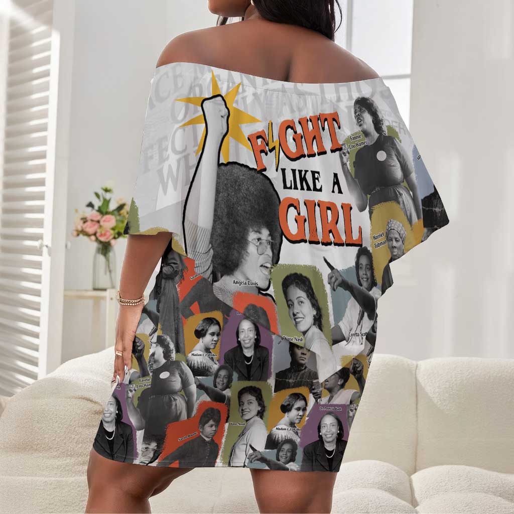 Black History Fight Like A Girl Off Shoulder Short Dress African Feminist Icons and Bold Retro Art Style - Wonder Print Shop