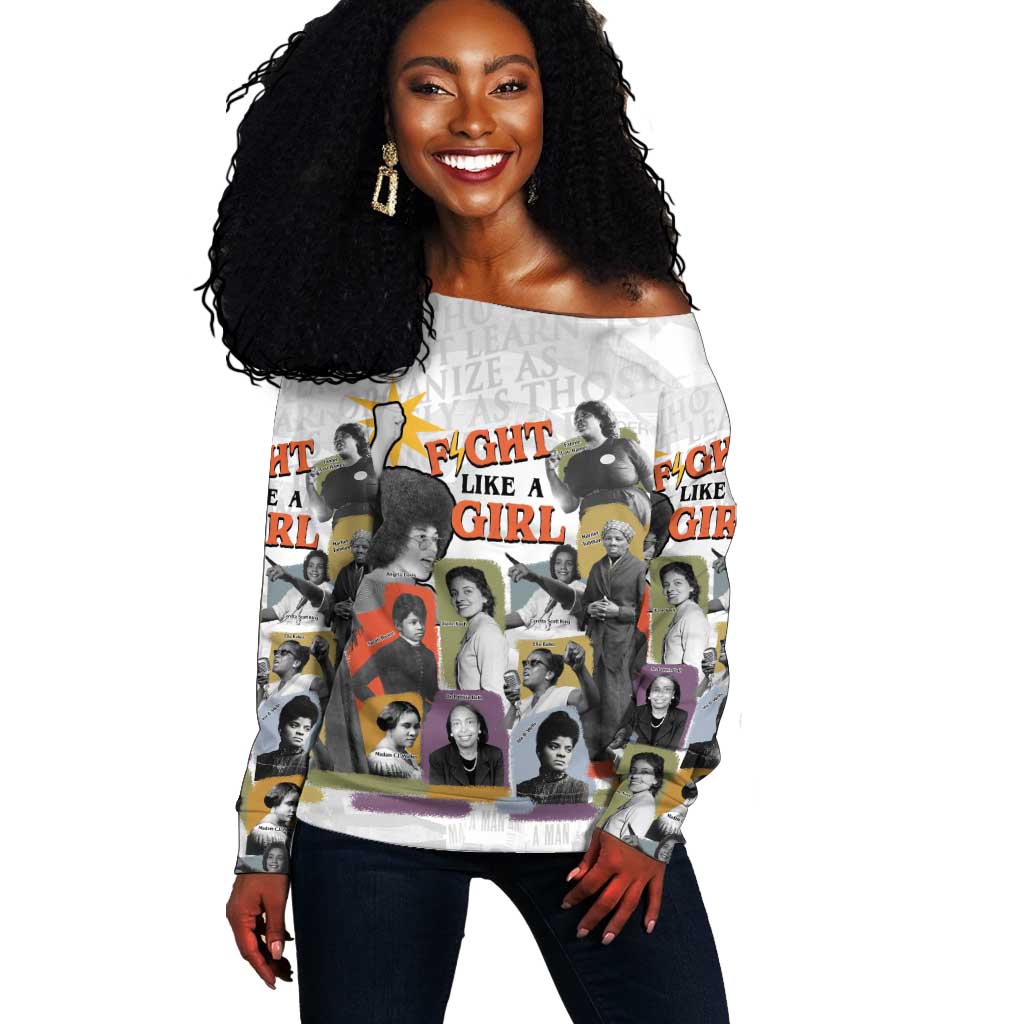 Black History Fight Like A Girl Off Shoulder Sweater African Feminist Icons and Bold Retro Art Style - Wonder Print Shop