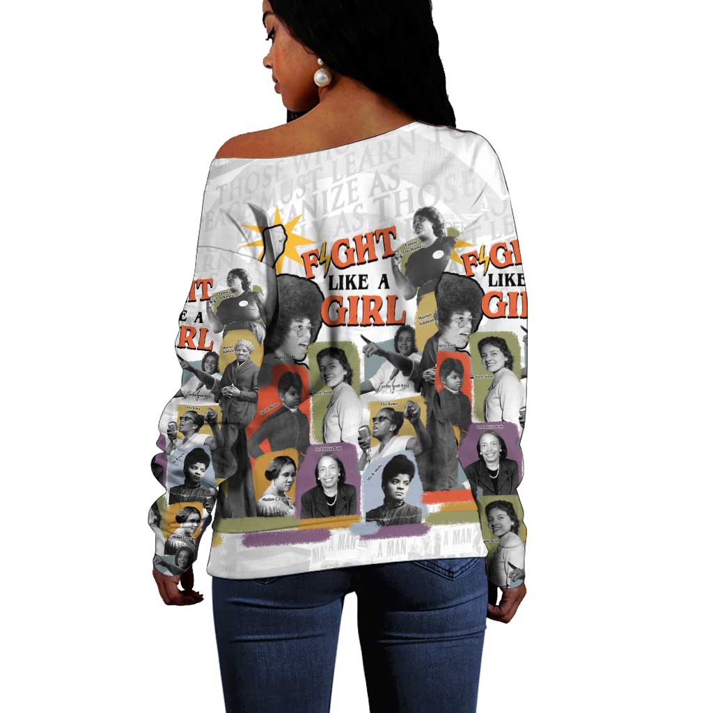 Black History Fight Like A Girl Off Shoulder Sweater African Feminist Icons and Bold Retro Art Style - Wonder Print Shop