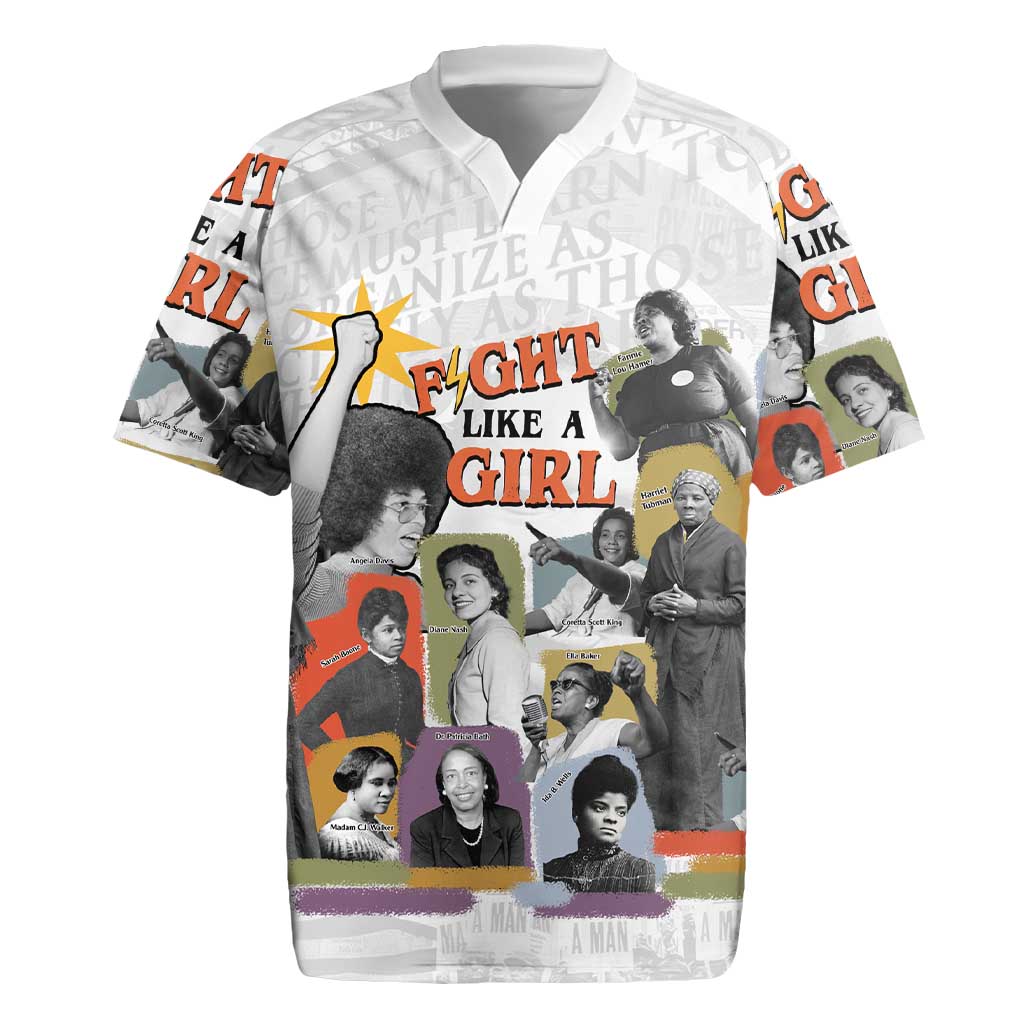Black History Fight Like A Girl Rugby Jersey African Feminist Icons and Bold Retro Art Style - Wonder Print Shop