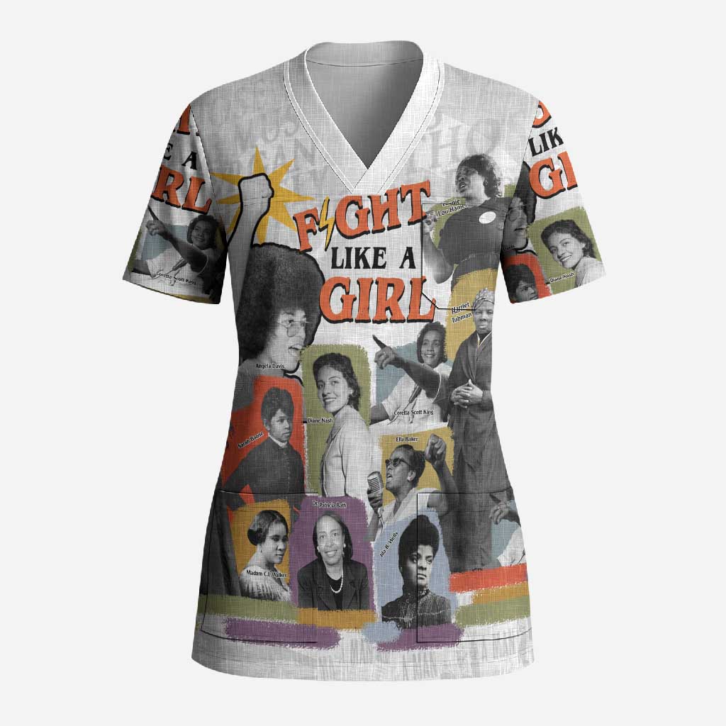Black History Fight Like A Girl Scrub Top African Feminist Icons and Bold Retro Art Style - Wonder Print Shop