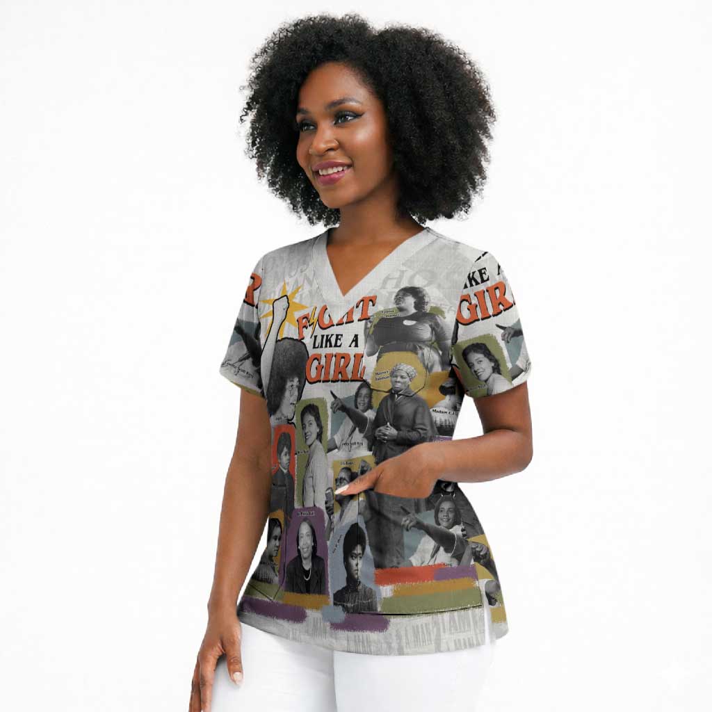 Black History Fight Like A Girl Scrub Top African Feminist Icons and Bold Retro Art Style - Wonder Print Shop