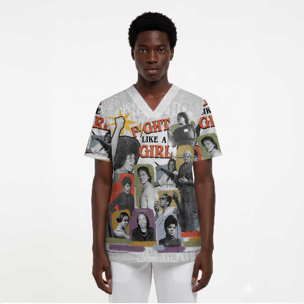 Black History Fight Like A Girl Scrub Top African Feminist Icons and Bold Retro Art Style - Wonder Print Shop