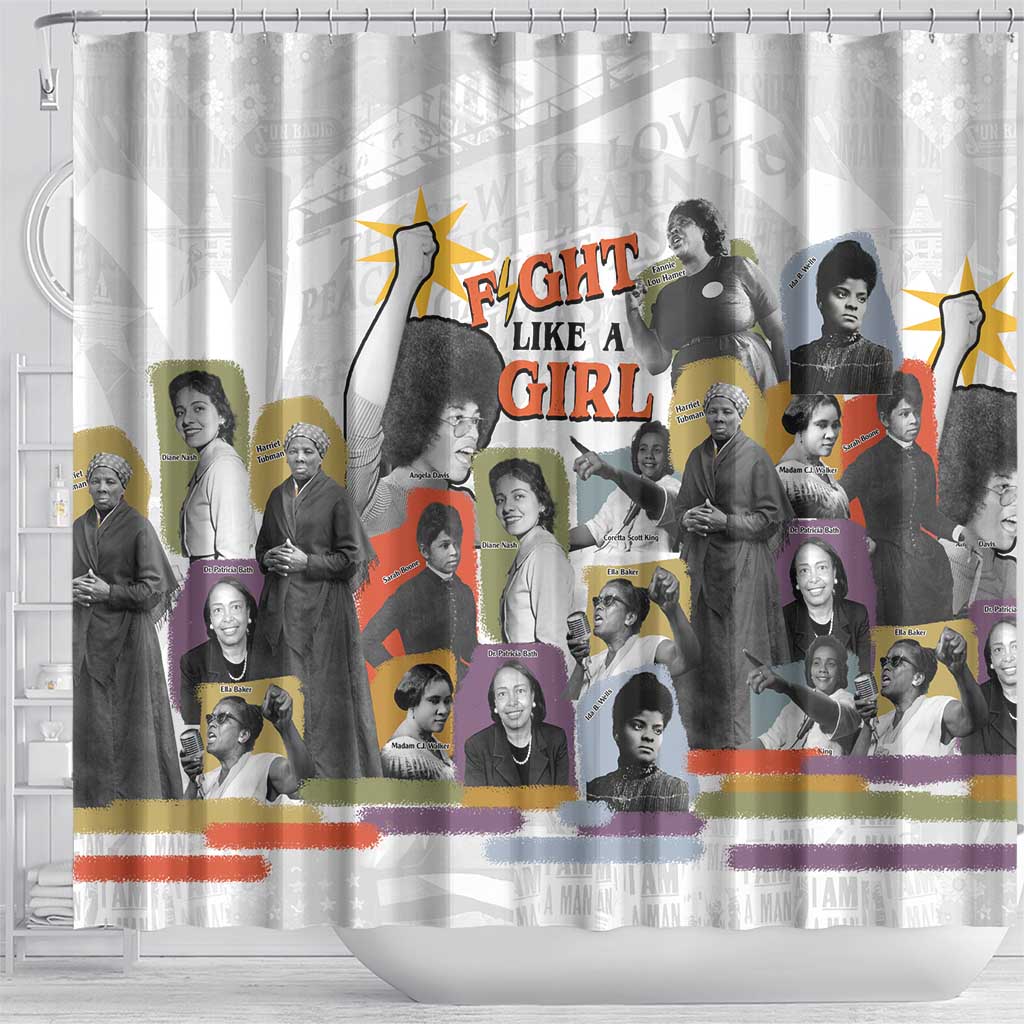 Black History Fight Like A Girl Shower Curtain African Feminist Icons and Bold Retro Art Style - Wonder Print Shop