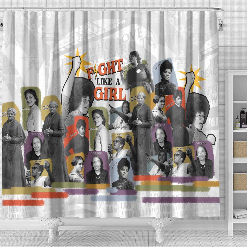 Black History Fight Like A Girl Shower Curtain African Feminist Icons and Bold Retro Art Style - Wonder Print Shop