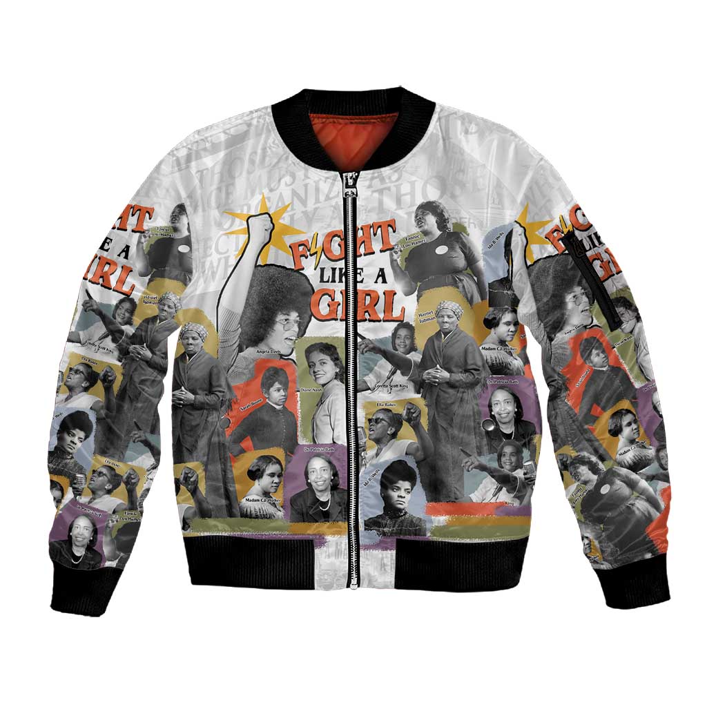 Black History Fight Like A Girl Sleeve Zip Bomber Jacket African Feminist Icons and Bold Retro Art Style - Wonder Print Shop