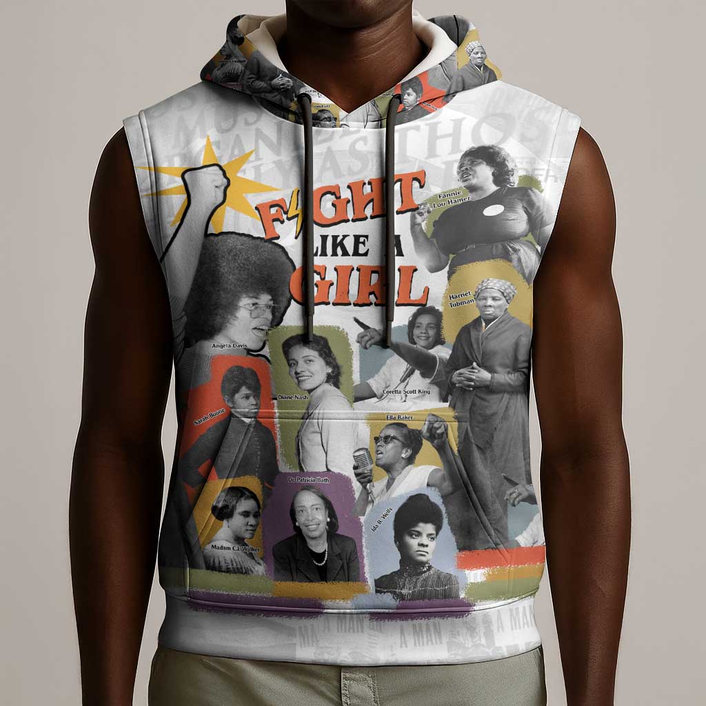 Black History Fight Like A Girl Sleeveless Hoodie African Feminist Icons and Bold Retro Art Style - Wonder Print Shop