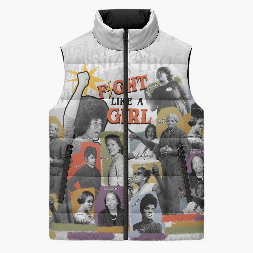 Black History Fight Like A Girl Sleeveless Puffer Jacket African Feminist Icons and Bold Retro Art Style - Wonder Print Shop