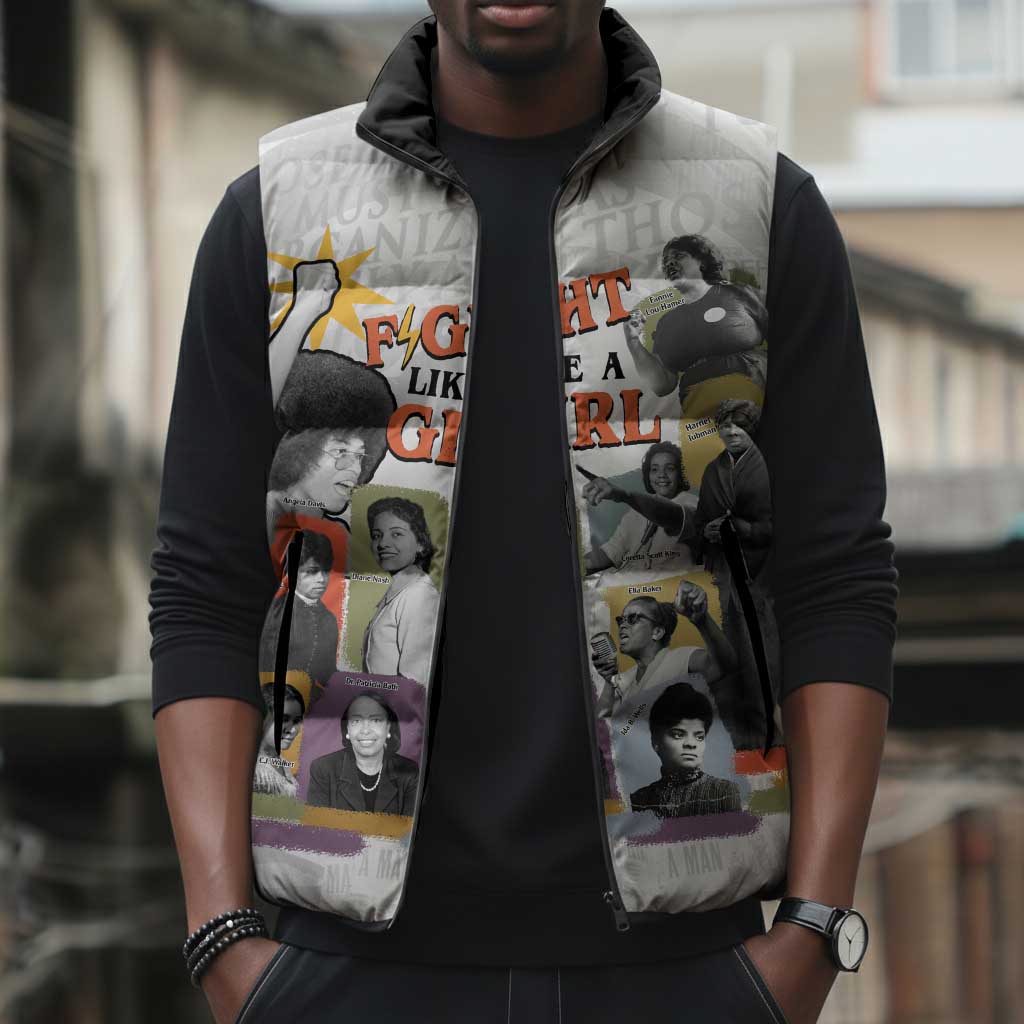 Black History Fight Like A Girl Sleeveless Puffer Jacket African Feminist Icons and Bold Retro Art Style - Wonder Print Shop