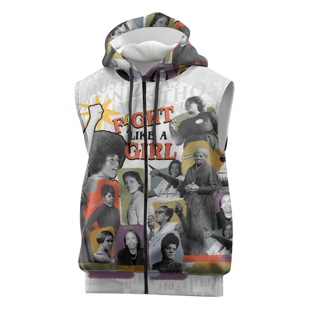 Black History Fight Like A Girl Sleeveless Zip Hoodie African Feminist Icons and Bold Retro Art Style - Wonder Print Shop
