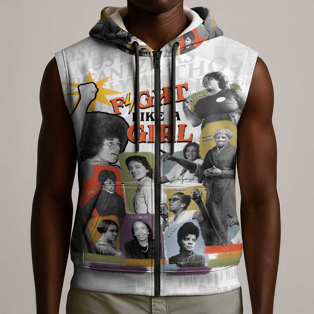 Black History Fight Like A Girl Sleeveless Zip Hoodie African Feminist Icons and Bold Retro Art Style - Wonder Print Shop